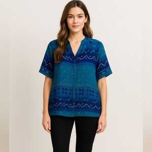 Vintage Phool Women's Plus Sz Button Front Blue Patterned Sheer Blouse/ Tunic 3X